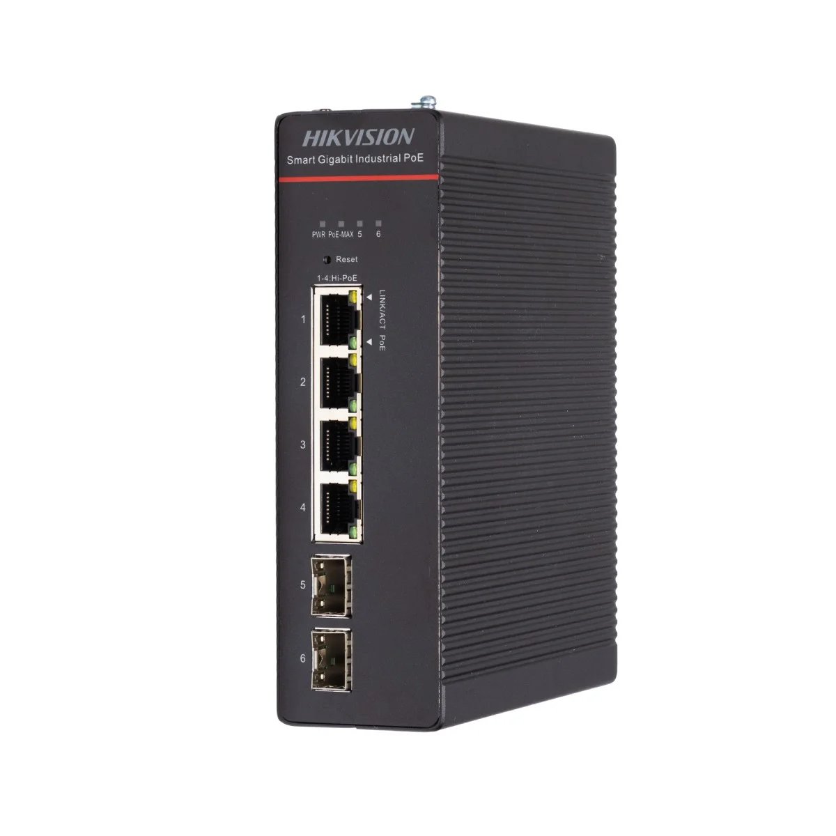 Conmutador industrial Hikvision PoE Cloud Capa 2, 4x Gigabit PoE++, 2x SFP Gigabit, Negro