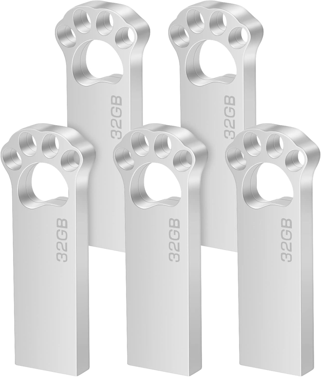 VBSUDGYDFG 32GB Metal USB Drive [Pack of 5] - Waterproof, High-Speed USB 2.0 Pen Drive with Hook (Silver)