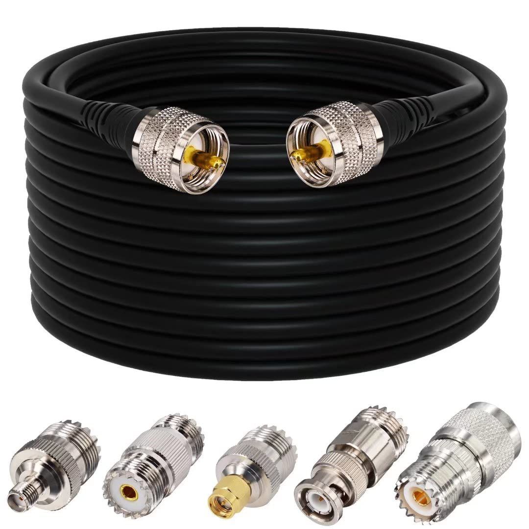 15M/49.21ft UHF Coaxial Cable PL259 Male to Male RG58 Low Loss + 5PCS Adapter UHF Female to SMA/UHF/BNC/N for SWR Radio VHF Amateur Radio CB Ham Radio Scanner