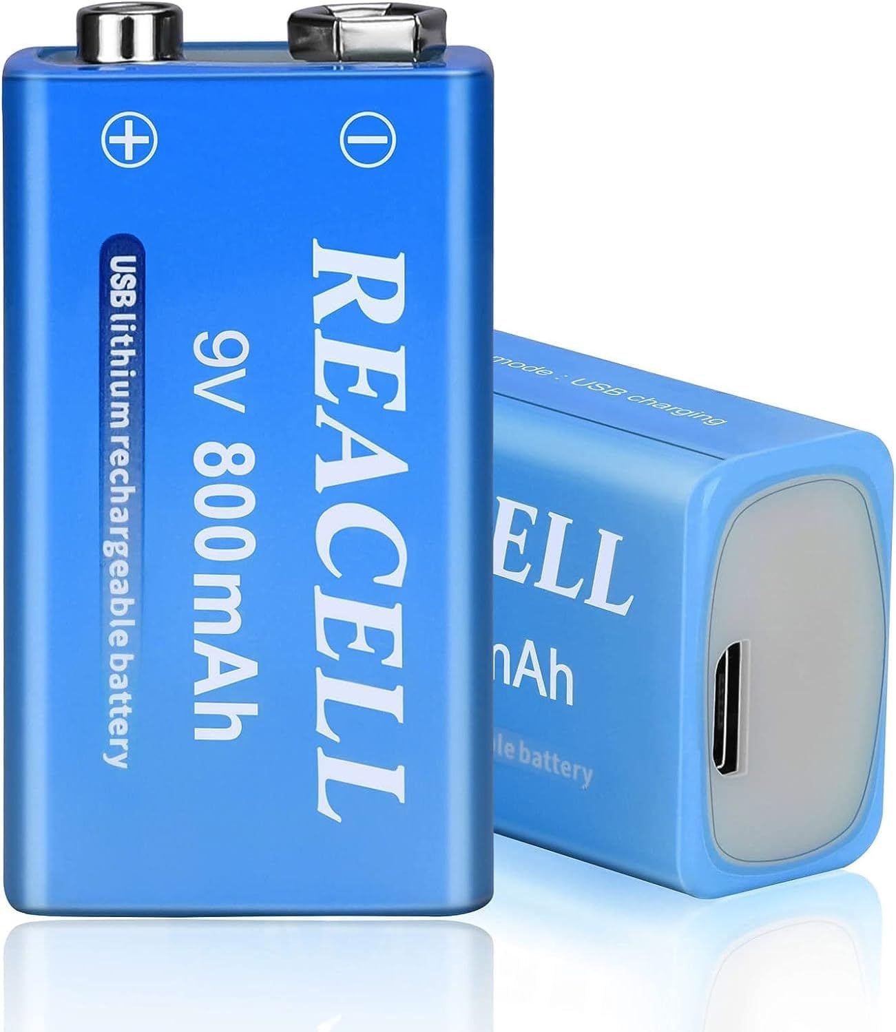 9V Rechargeable USB Batteries, 800mAh Lithium-Ion 9V Batteries with Long Life for Smoke Detectors, Microphones - Pack of 2
