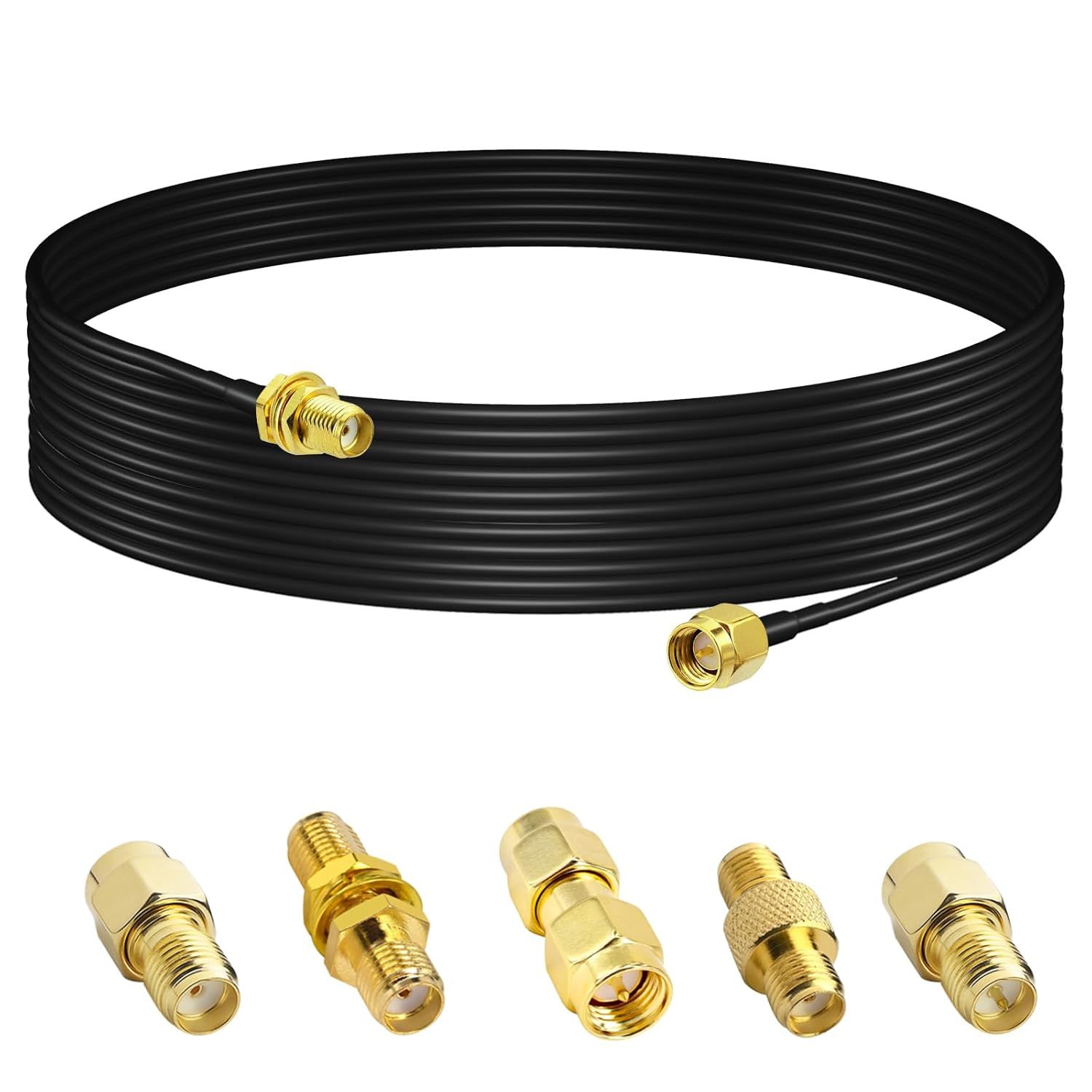 WiFi Antenna Extension Cable SMA Male to Female 10M/32.81ft Low Loss RG174 Coaxial Cable 50 Ohms + 5 Pieces SMA Male to Female Coaxial Connectors for GPS Antenne, Ham Radio, Cameras