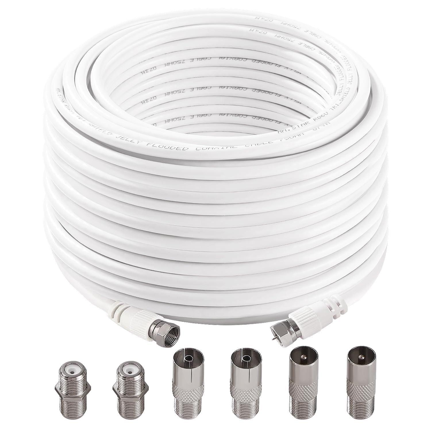 75 Ohm RG6 Coaxial Cable, 20m Long, F Male to F Male, High-Speed TV Antenna Cable with 6 Extension Couplers