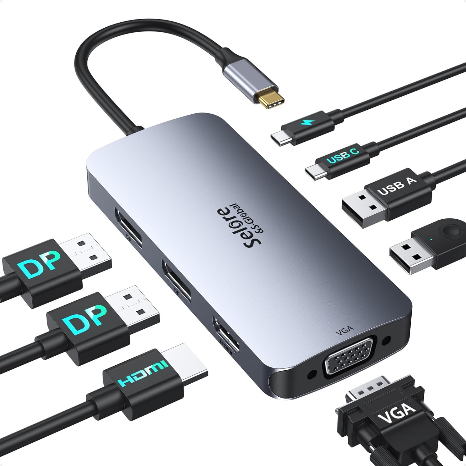 USB-C Dual DisplayPort 8-in-1 Adapter Station with 4K HDMI, 2x 4K DP, 1080P VGA, 2x USB 2.0, USB-C Data Transfer, 100W PD 3.0, Multi-Monitor Dock for HP Laptops