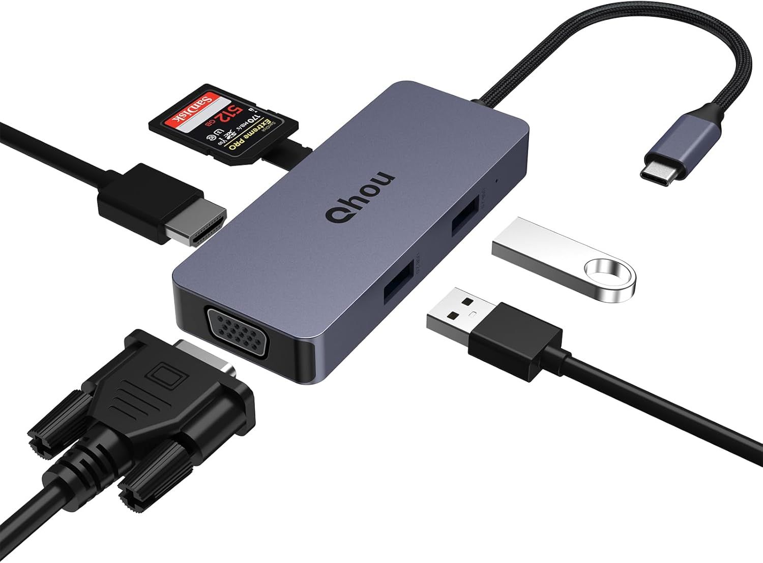 VDFHDFJGFJ USB-C Hub with HDMI 4K, VGA, Double Screen, USB 2.0, SD/TF Card Reader, USB-C Dock for MacBook Pro/Air, Dell/HP/Lenovo