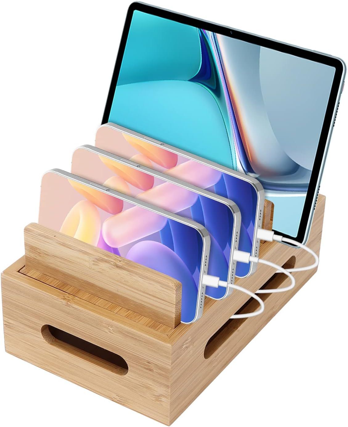 Wooden Charging Station for Multiple Devices 6 Ports, Universal Welcome Rack Multi-Charger USB Compatible with Phone, Tablet, Watch, Earphones