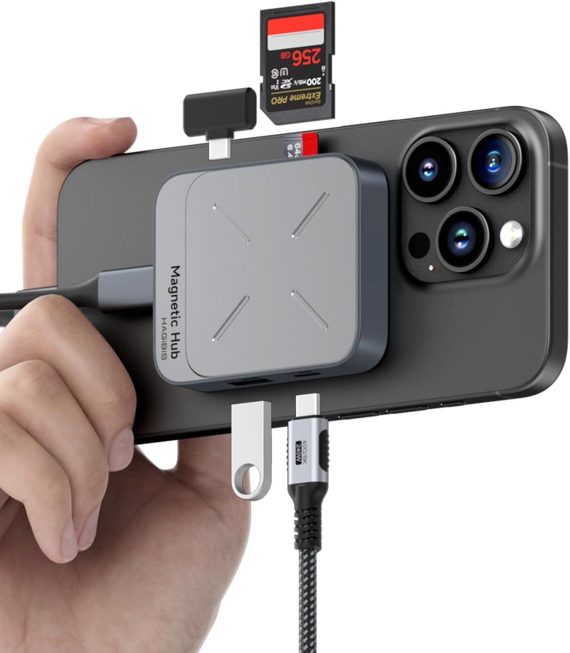 USB-C Magnetic Hub with MagSafe for iPhone 16/15 Pro Max, 6-in-1 Type-C Dock with SD4.0/Micro SD4.0 Reader, 100W PD, USB-C 10Gbps, AUX