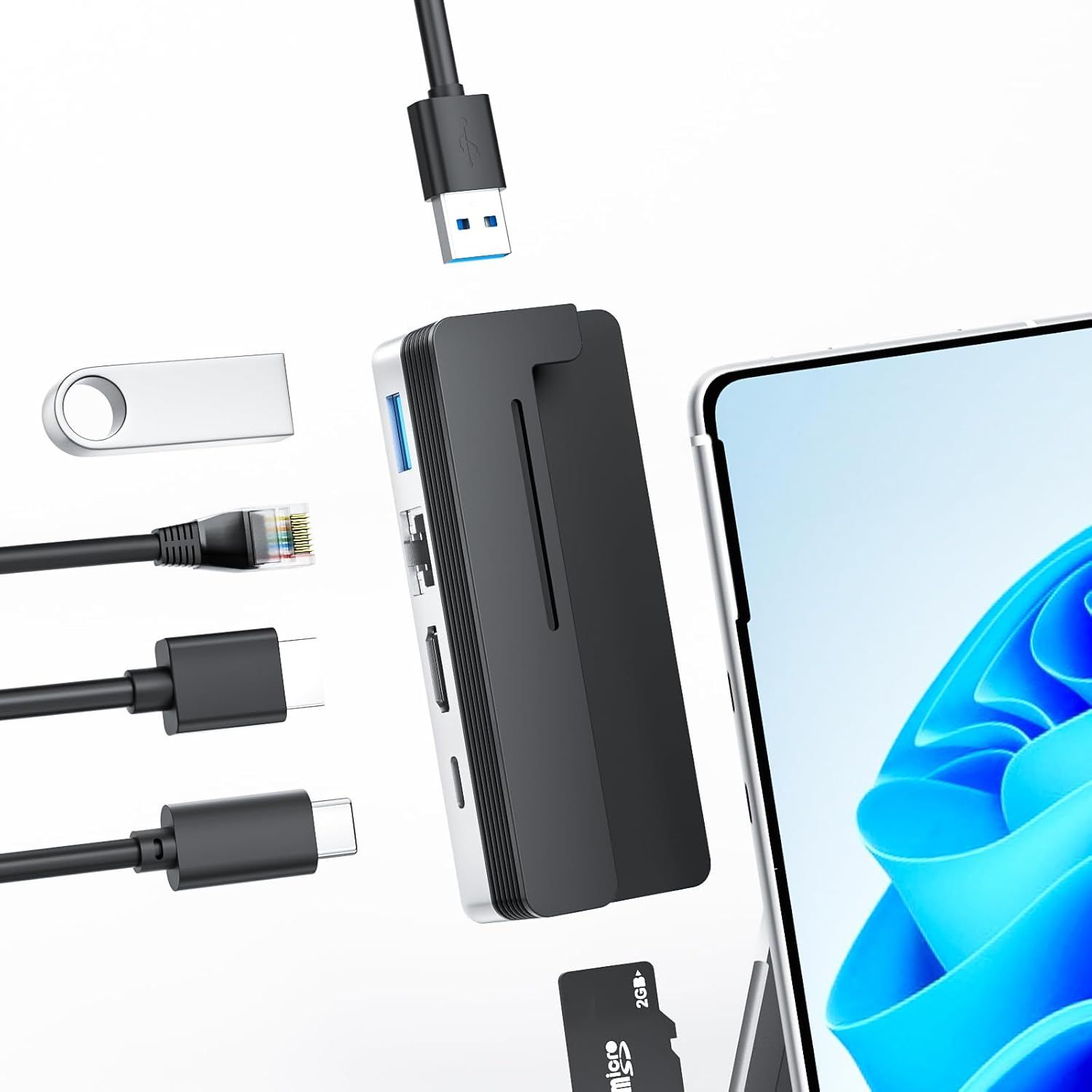 Surface Pro 9 Docking Station, USB-C Hub 6-in-2 with PD 100W Charging, 2 USB 3.1 Ports, HDMI 4K @ 60Hz, Gigabit Ethernet, TF Card Slot