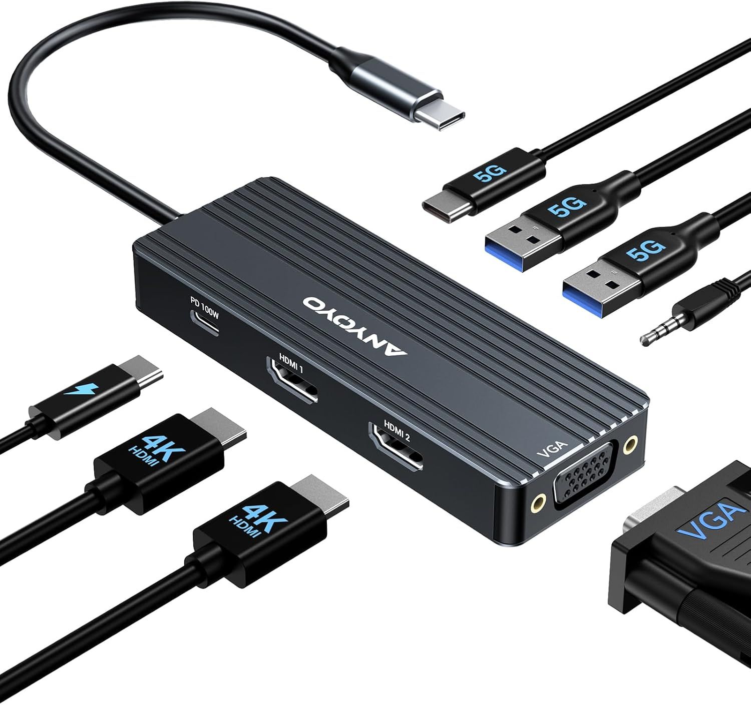 USB-C Docking Station, Dual/Triple Screen, 8-in-1, 2x HDMI 4K & VGA, PD 100W, Audio, 3x USB A/C 3.0