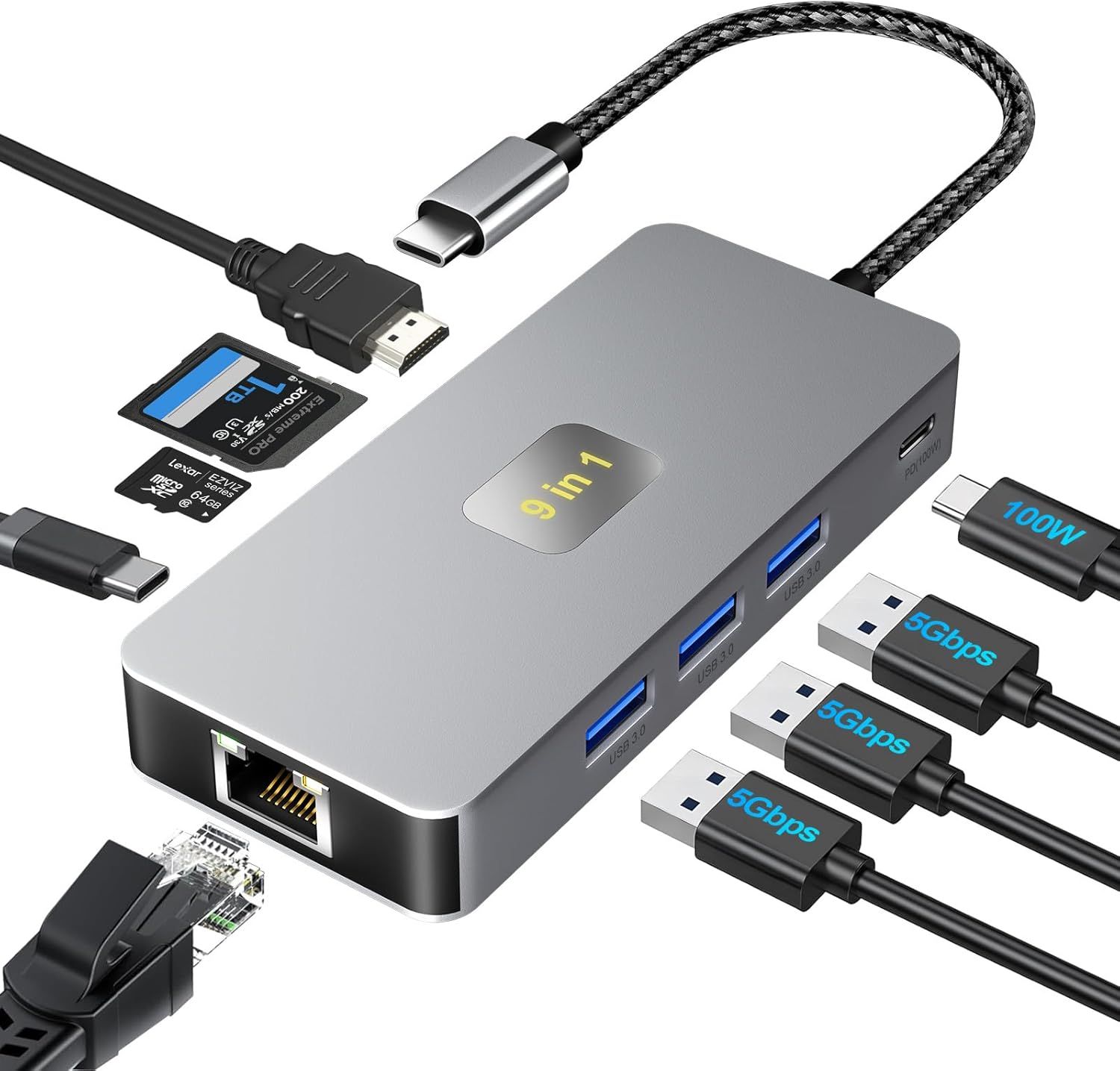 Hub USB-C 3.0, 9-in-1 Type C Docking Station