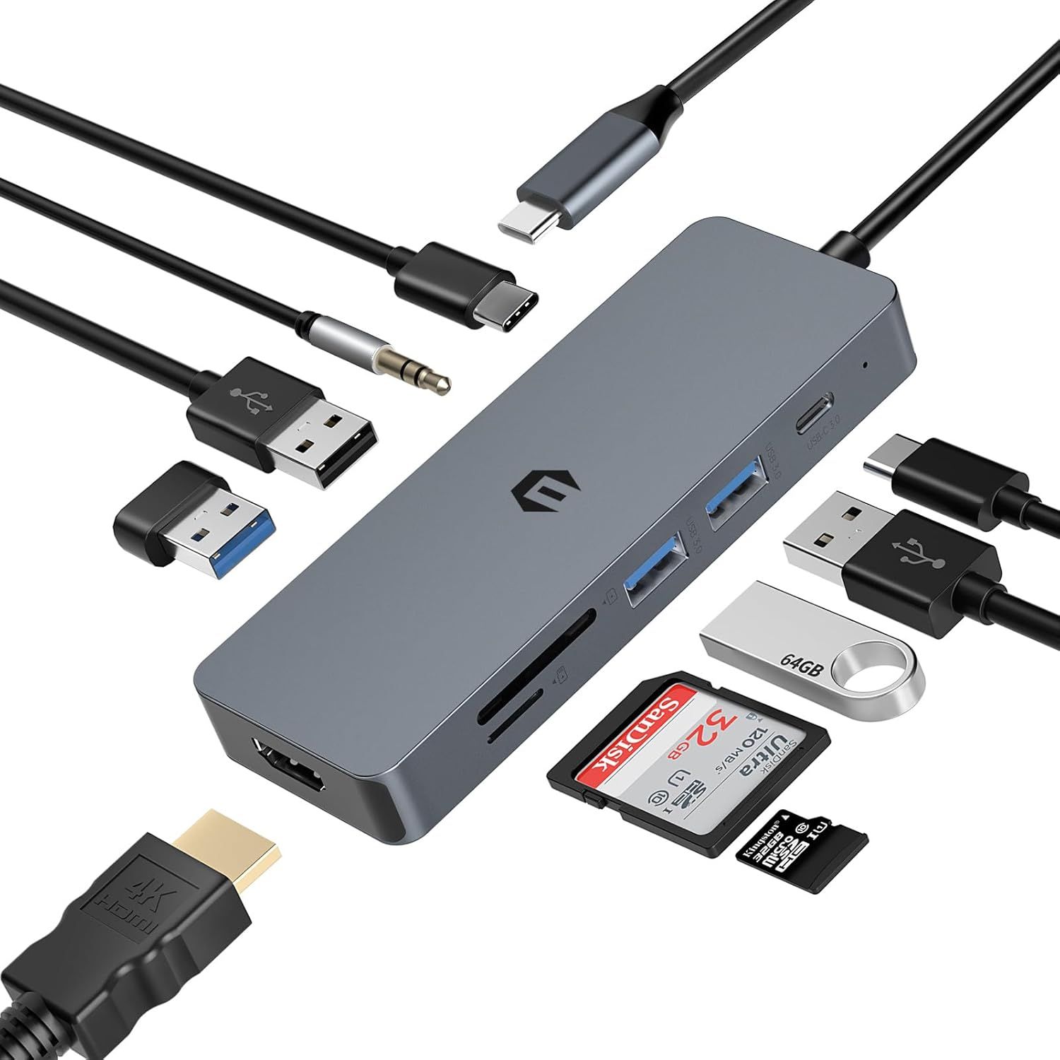 10-in-1 USB-C Hub with HDMI 4K, PD 100W, Card Reader