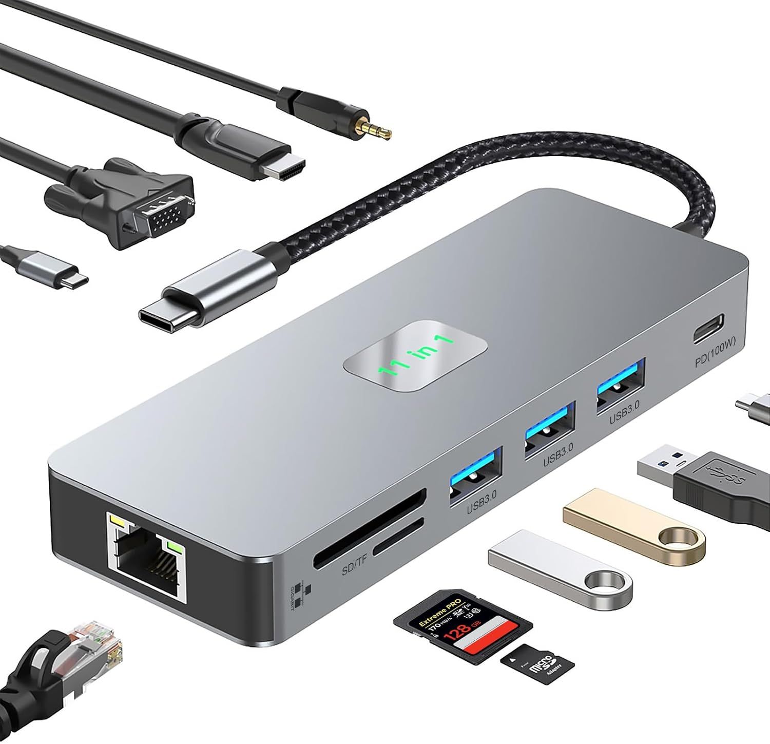 VDFHDFJGFJ USB-C Hub, 11-in-1 Docking Station with 4K @ 60Hz, VGA, Gigabit Ethernet, PD 100W, SD/TF Card Reader and 3.5mm Audio