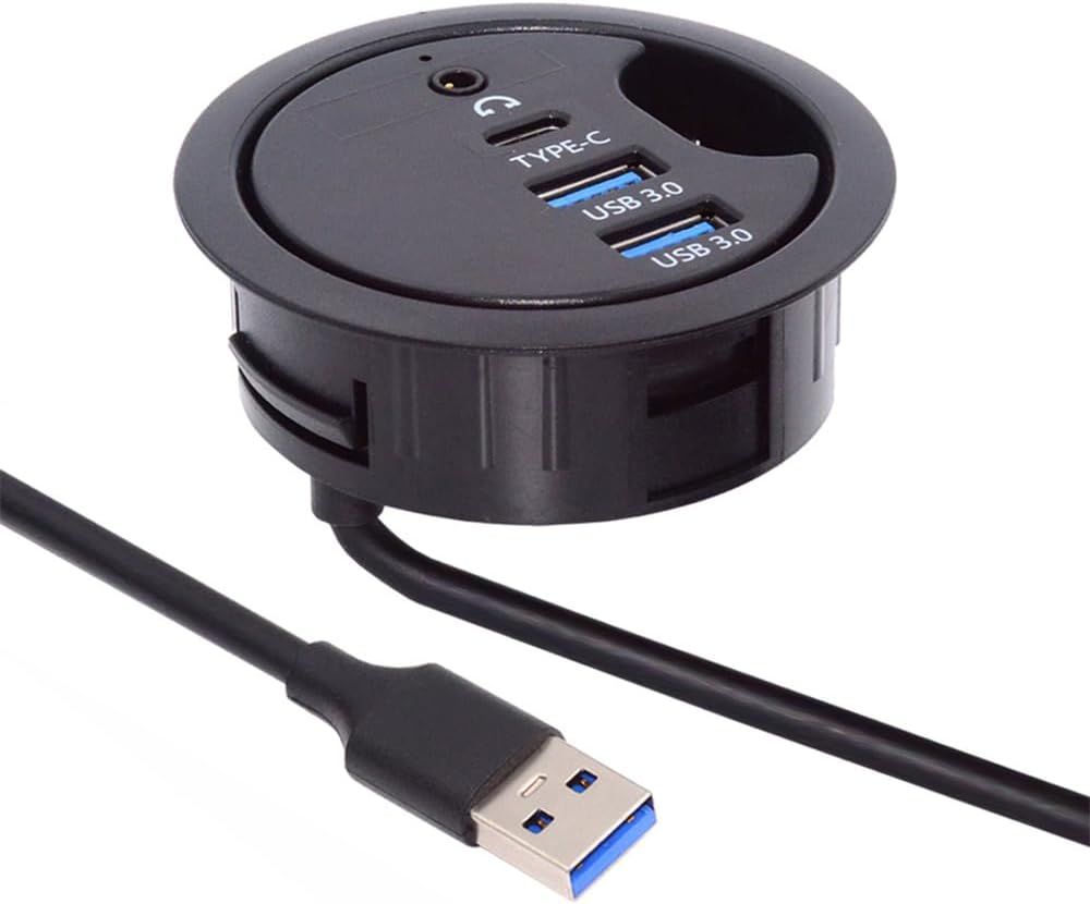 USB 3.0 Hub with 2 Ports - USB-C Splitter - 60mm - Desk Insert - Docking Station - Microphone - Audio Interface for Desktop (USB 3.0 + 3.5mm + Type-C)