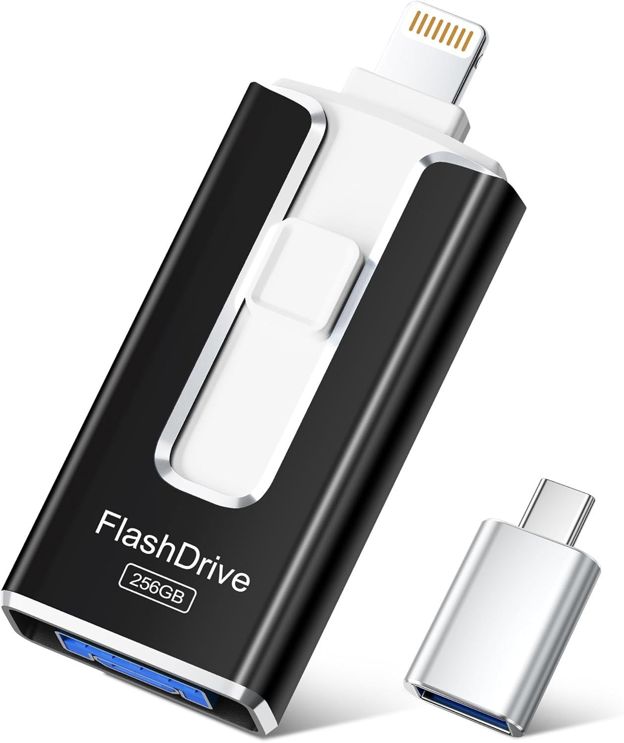 256GB USB Flash Drive with MFi Certification, 4-in-1 for iPhone/Android/Type C and PC, External Memory Stick for Photos, Videos, Files (Black)