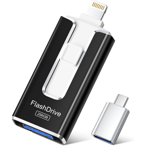 256GB USB Flash Drive with MFi Certification, 4-in-1 for iPhone/Android/Type C and PC, External Memory Stick for Photos, Videos, Files (Black)