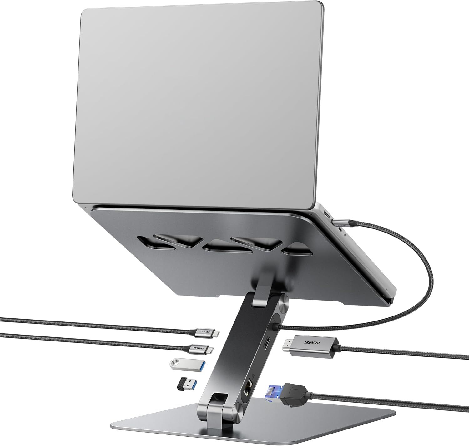 Portable Laptop Stand with USB-C Docking Station, 6-in-1, HDMI 4K@60Hz, Gigabit Ethernet, 100W PD, 10Gbps - Compatible with MacBook Pro/Air, iPad Pro, XPS, ThinkPad
