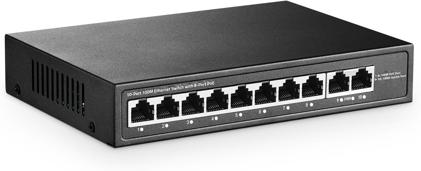 PoE Mini Switch 10-Port with 8 PoE+ Ports, 2 Fast Ethernet Uplink, 10/100 Mbps, 120W 802.3Af/At PoE, Metal Fanless Network Switch