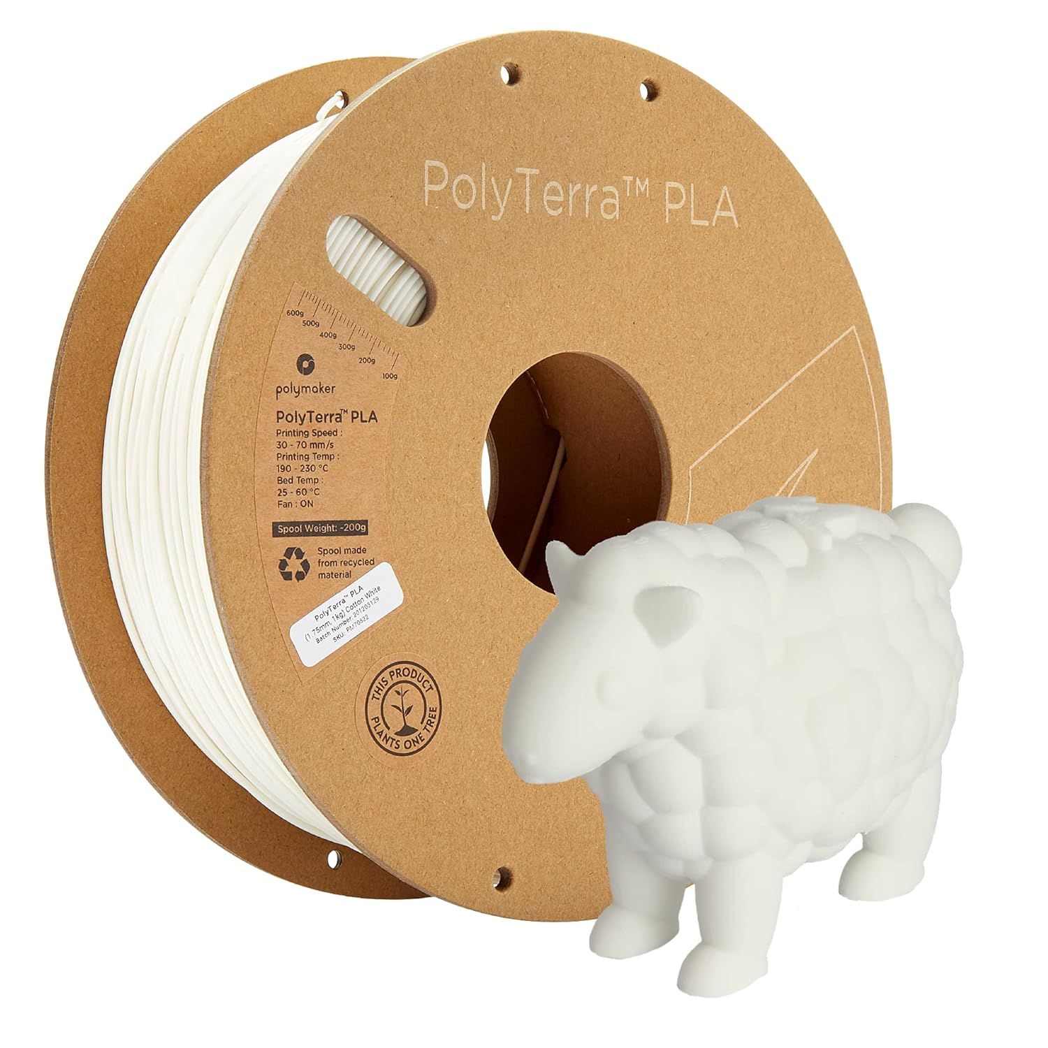 PolyTerra PLA Filament, 1.75mm, 1000g, Matt White