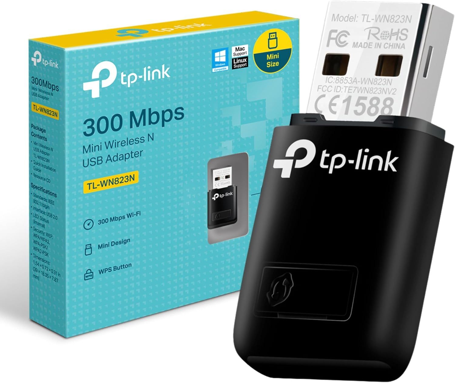 Clave WiFi MEVRONISSHOP N300 Mbps, Adaptador USB Mini, Dongle con botón WPS, Compatible con Windows/Mac/Linux, Negro, TL-WN823N