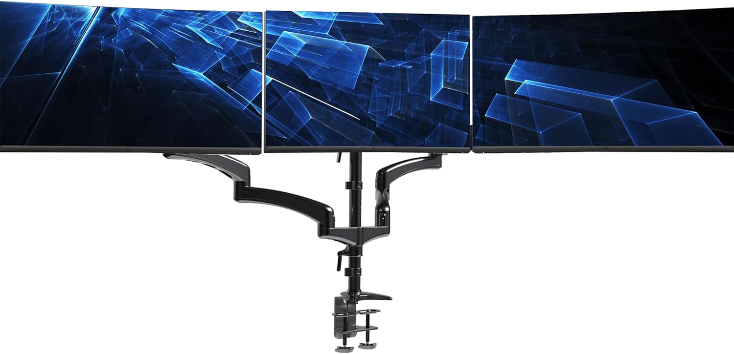No-Brand VESA Triple Monitor Arm with Gas Spring, Adjustable Desk Stand for 3 Screens up to 32 inches, C-Clamp Mount, Black (STAND-V300G)