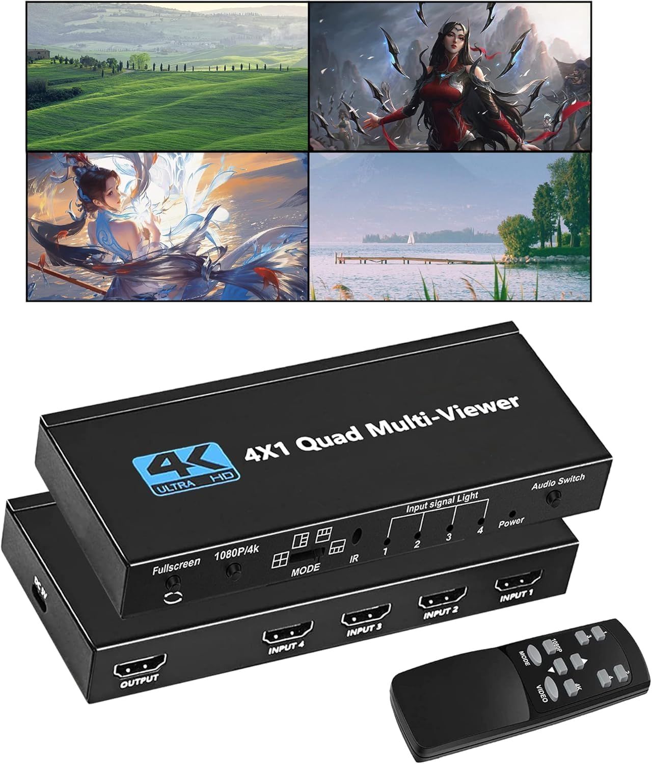 Commutador HDMI Multivistas 4x1 MEVRONISSHOP 4K sin costuras, con control remoto infrarrojo y 5 modos de visualización para consolas de juegos, cámaras de seguridad, PS4 y PC