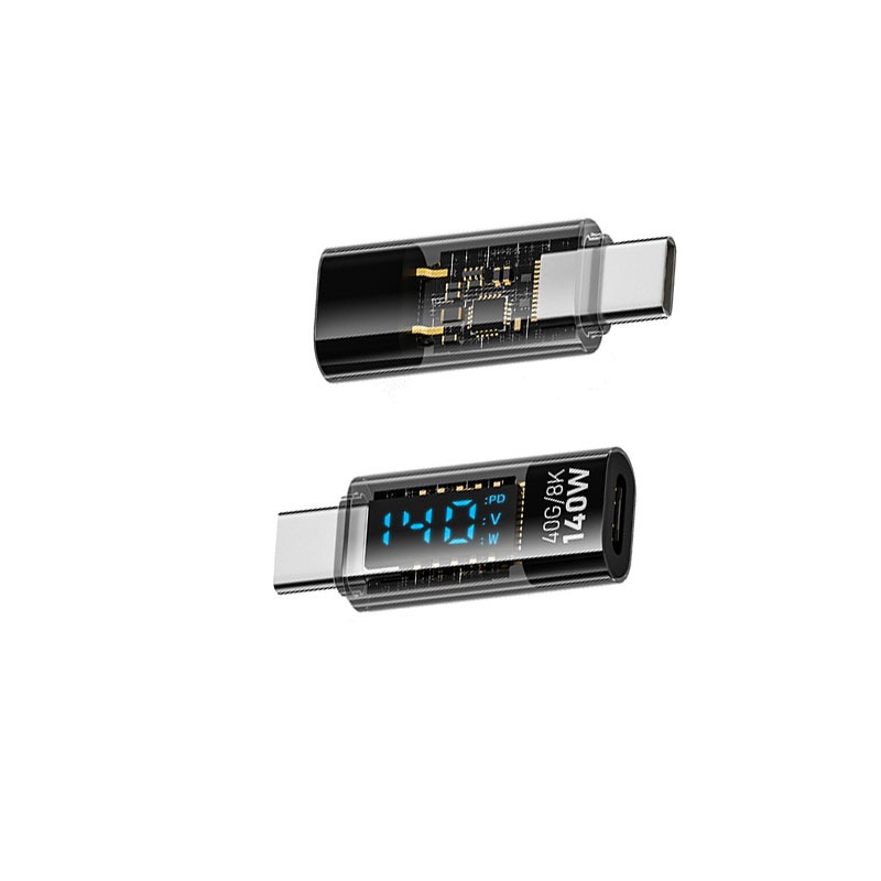 USB-C Male to USB-C Female Adapter 140W with Digital Display - Black Transparent (2 Pack)