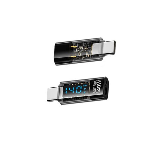 Adaptateur USB-C Mâle vers USB-C Femelle 140W avec Affichage Numérique - Noir Transparent (Lot de 2)