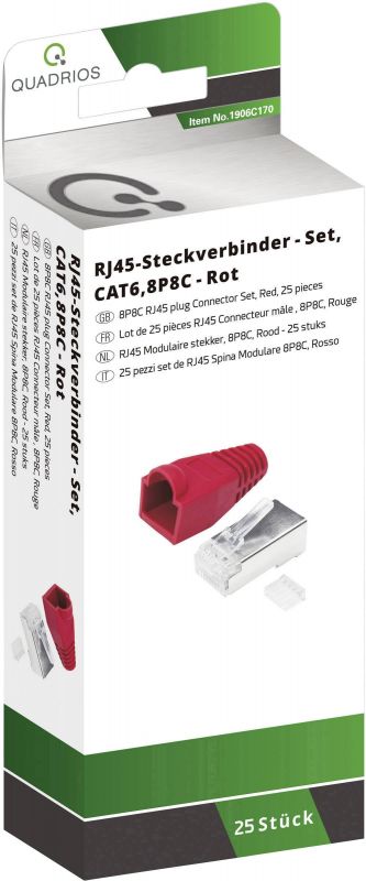 Quadrios RJ-45 Connector Set - CAT 6, 8P8C, Straight, Red, 25 Pieces (1906C170)