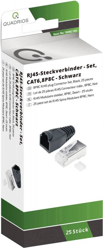 Quadrios RJ-45 Cat 6 Connector Set, 8P8C, Straight, Black, 25 Pack (1906C165)