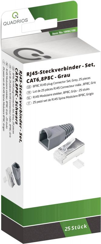 Quadrios RJ-45 Connector Set - CAT 6, 8P8C, Straight, Gray, 25 Pack (1906C166)