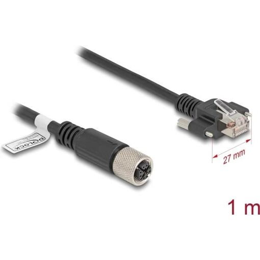 Cable de red Delock - Conector M12 (F) de 8 pines a RJ-45 (M) roscado - 1 m - 6,8 mm - S/FTP - CAT 6a - Codificado X, Blindado - Negro