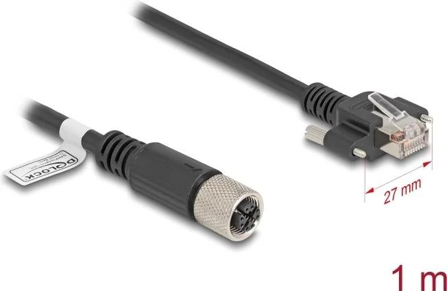 Câble réseau Delock - 8 broches M12 (F) à RJ-45 (M) vissé - 1m - 6,8mm - S/FTP - CAT 6a - Codé X, Écrans - Noir