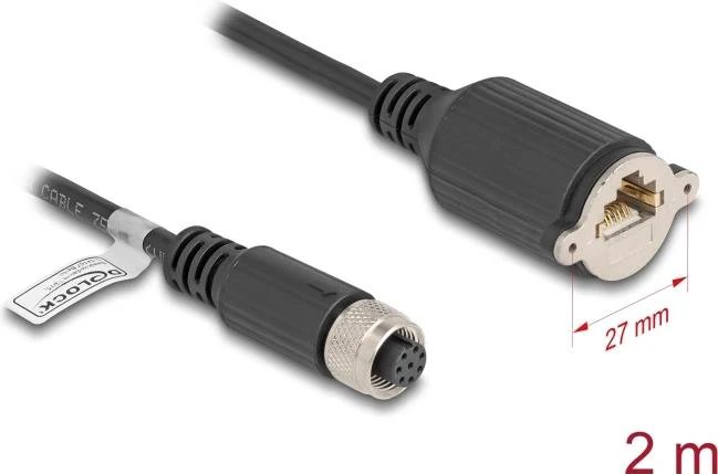 Câble réseau Delock - 8 broches M12 (F) à RJ-45 (F) vissé - 2m - 6,8 mm - FTP - CAT 5e - Codé A - Noir
