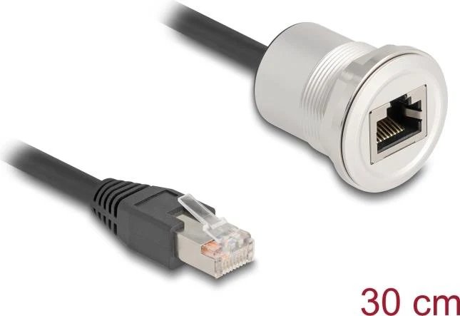Delock Network Extension Cable - 30cm, RJ-45 (M) to RJ-45 (F), Panel Mountable, STP CAT 5e, M25 Thread, Black/Silver