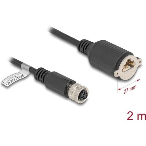 Delock Network Cable - 4-Pin M12-D (W) to RJ-45 (W) Screwable - 2m - 6.8mm - FTP - CAT 5e - Molded, Twisted Pair - Black