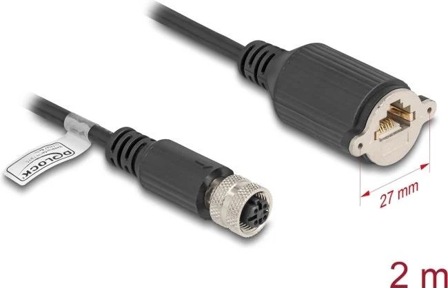 Câble réseau Delock - 4 broches M12-D (F) à RJ-45 (F) vissable - 2m - 6,8 mm - FTP - CAT 5e - Moulé, paire torsadée - Noir