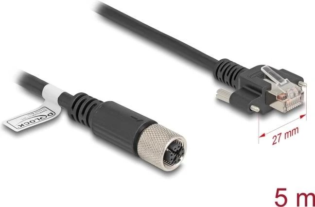 Câble réseau Delock 8 broches M12-X vers RJ-45, 5m, Noir