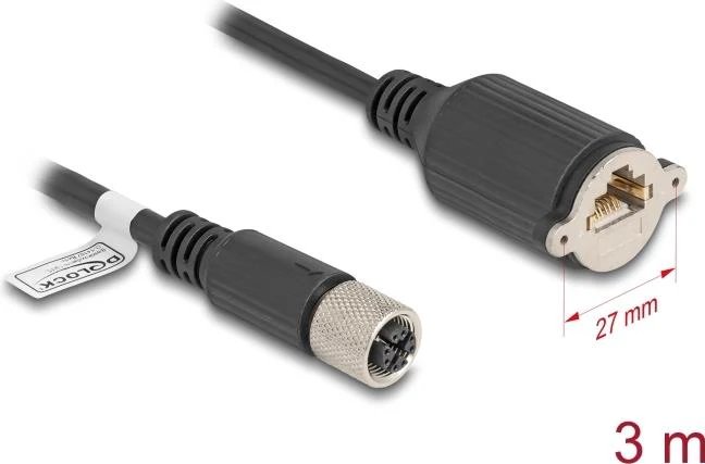 Câble Ethernet Delock M12 vers RJ-45, 3 m, Noir (CAT 6a, S/FTP)