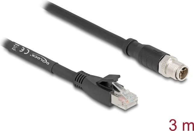 Delock M12 X-Coded 8-Pin to RJ45 Cat.5e S/FTP Flex Cable, 3m, Black (80580)