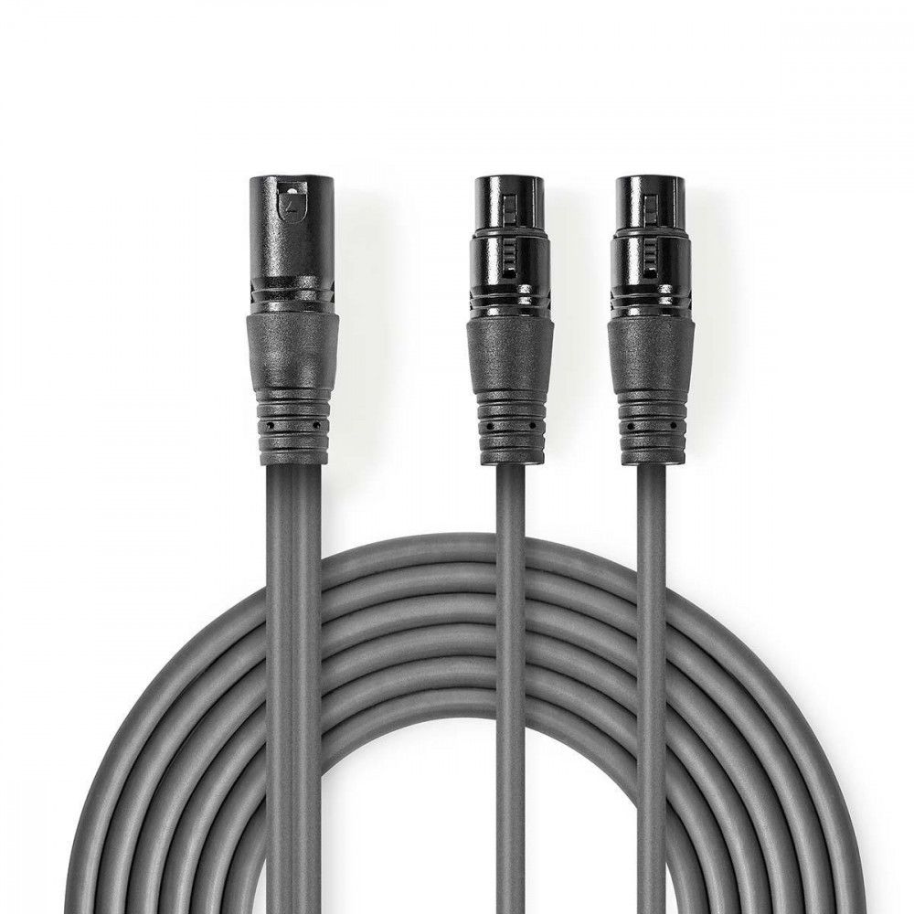 Splitter de audio Nedis OnStage - Conexión XLR3 macho a hembra con bloqueo - 1,5 m - gris oscuro