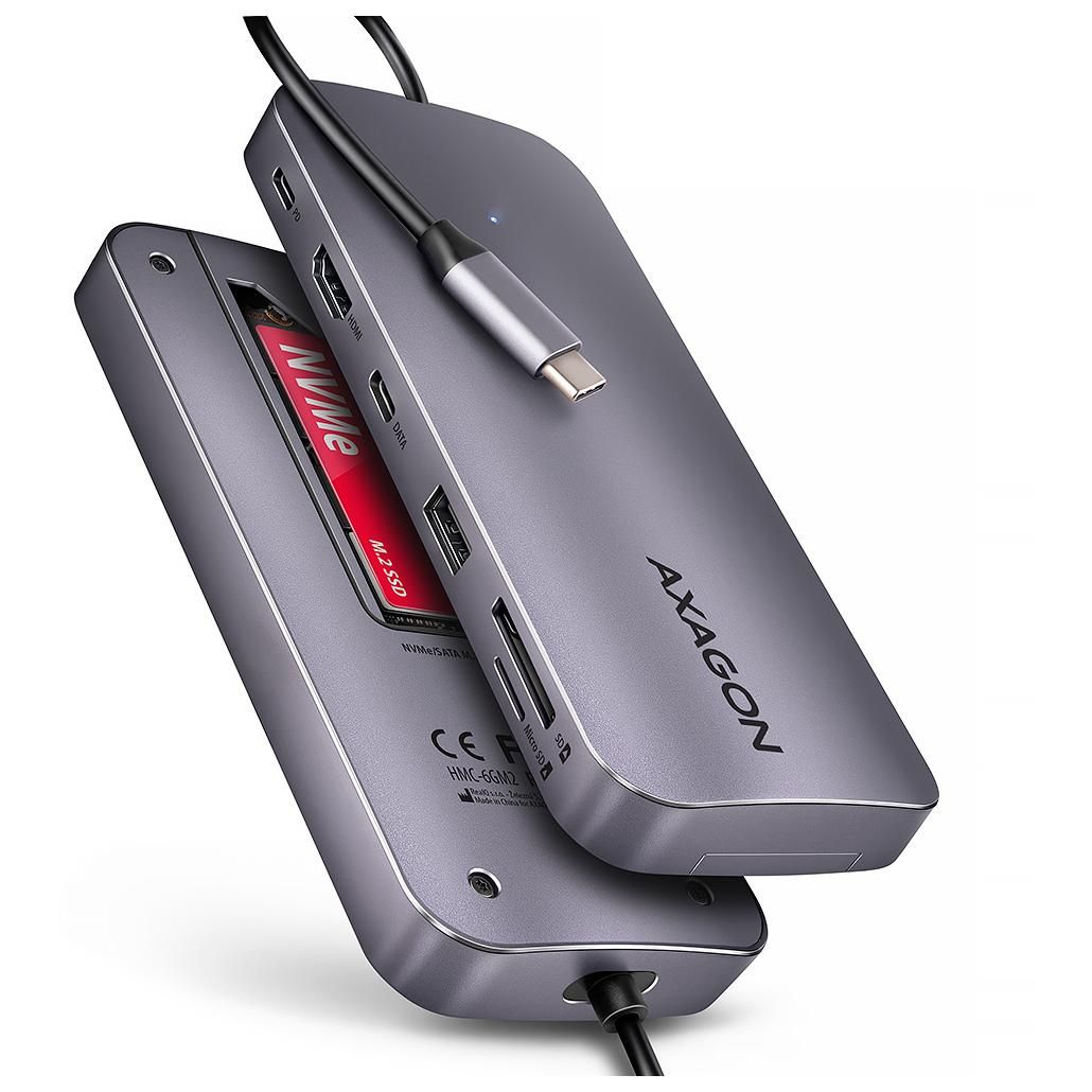 Axagon HMC-6GM2 10Gbps USB Hub - USB-A, USB-C, HDMI, M.2, SD/mSD, PD, 100W