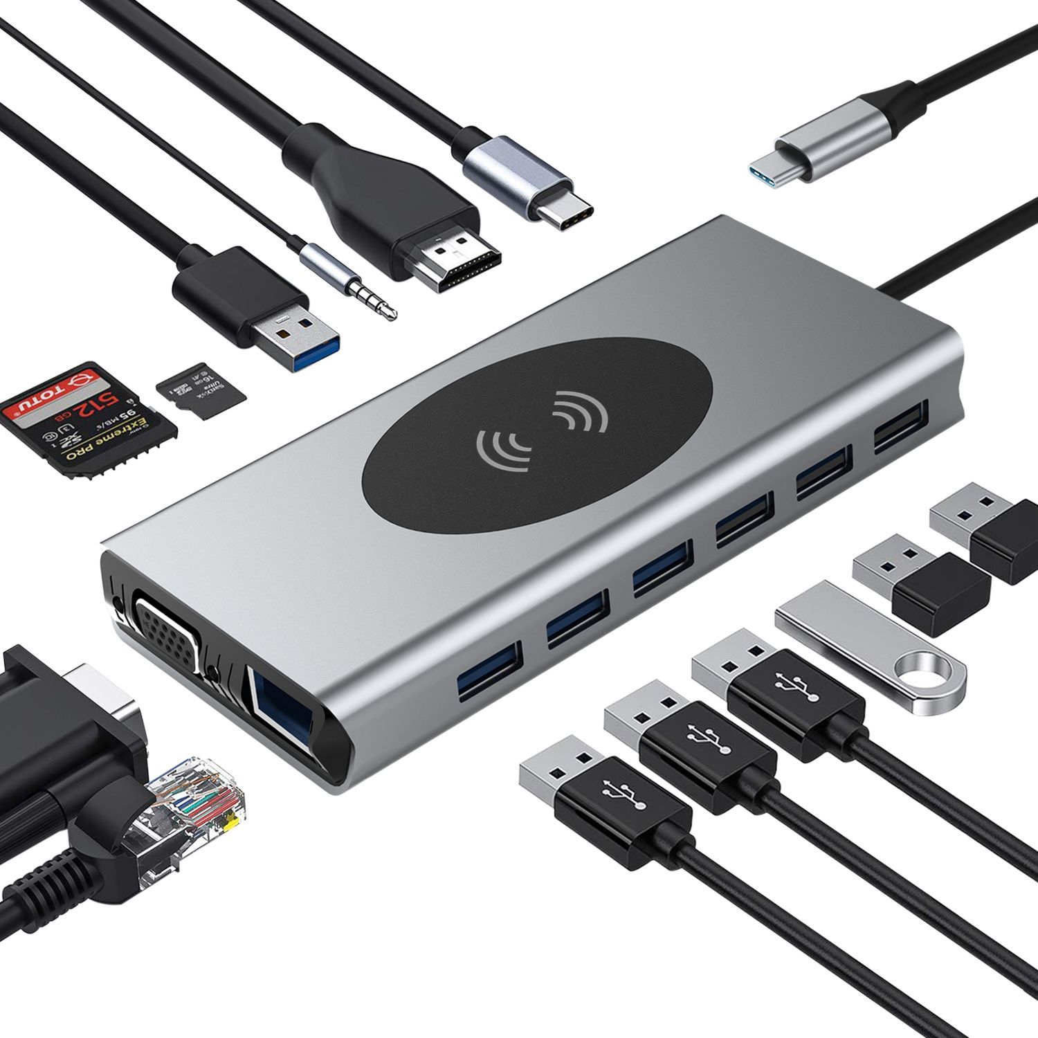 INF Type-C 15-in-1 Multiport Adapter Concentrator with HDMI, VGA, Ethernet, USB C PD