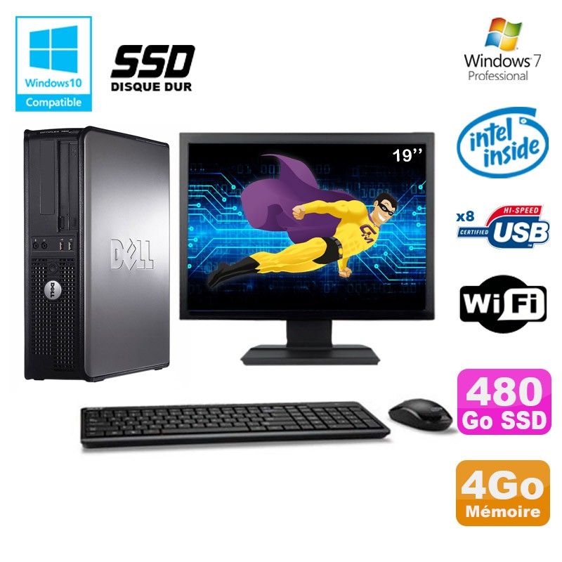 Dell Optiplex 760 DT Desktop PC - Intel Core 2 Duo E8400, 4GB RAM, 480GB SSD, WiFi, Windows 7, 19" Screen
