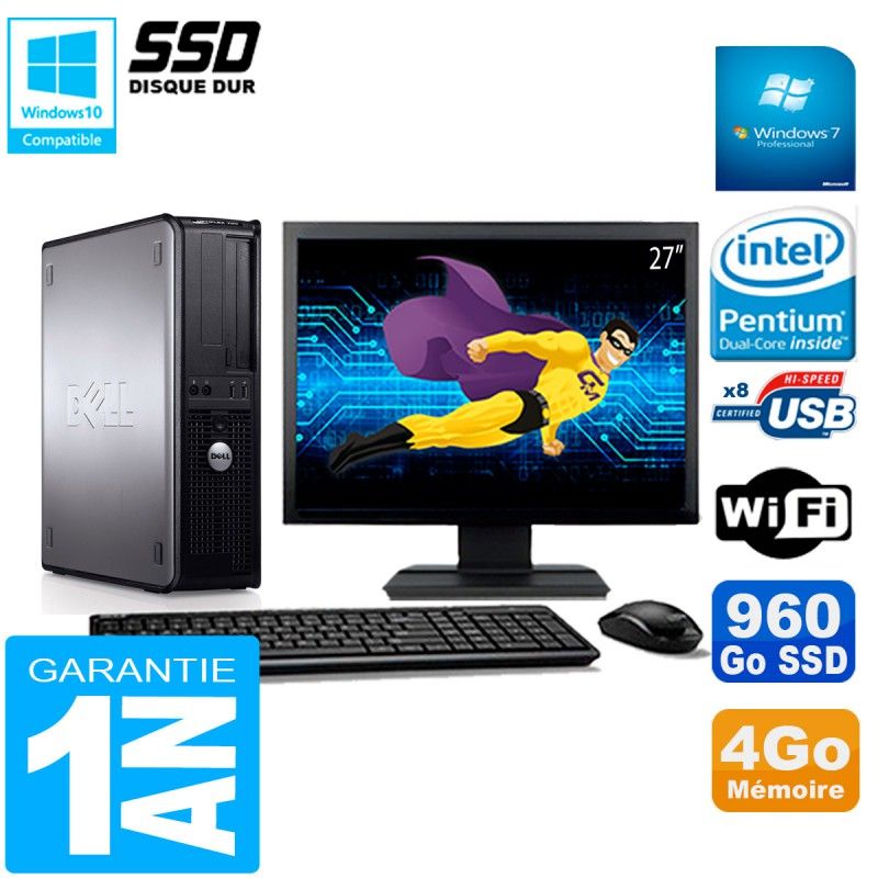 Dell Optiplex 780 DT Desktop Computer - 27" Screen, Intel E5300, 4GB RAM, 960GB SSD, WiFi, Windows 7 Pro