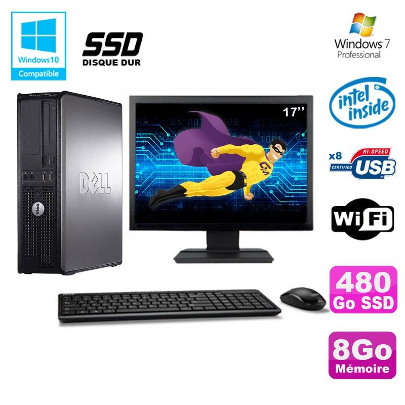 Dell Optiplex 780 DT Desktop PC - Intel E8400, 8GB RAM, 480GB SSD, WiFi, Windows 7 + 17" Screen