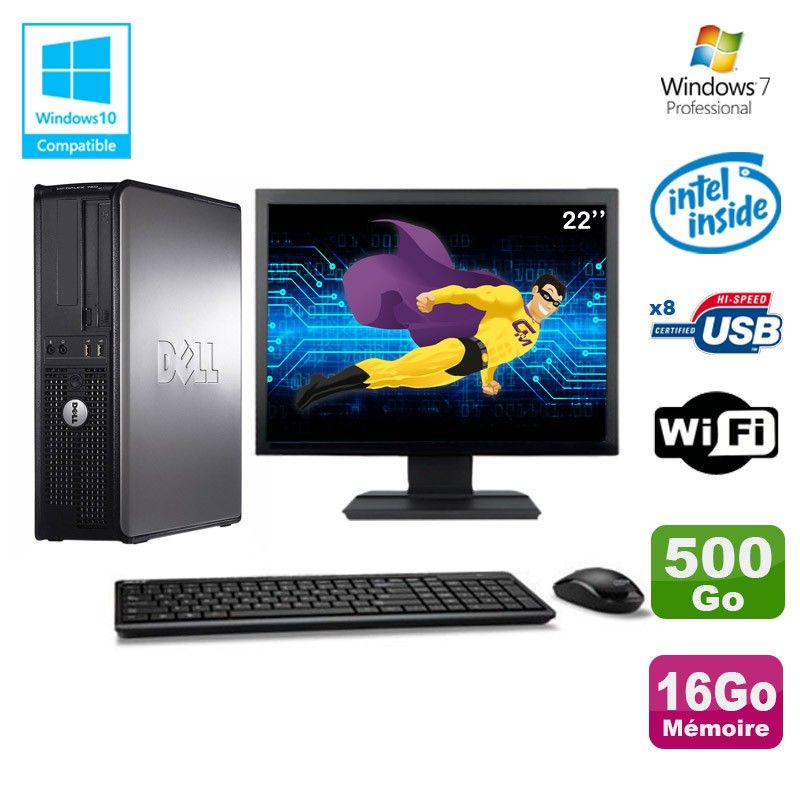 Dell Optiplex 780 DT Desktop PC - Intel E8400, 16GB RAM, 500GB HDD, WiFi, Windows 7 + 22" Monitor