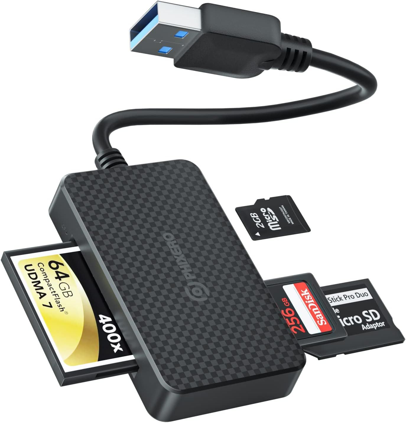 PHIXERO 4-in-1 SD Card Reader Adapter 5Gbps Super Speed Compatible with Laptop and More USB Devices