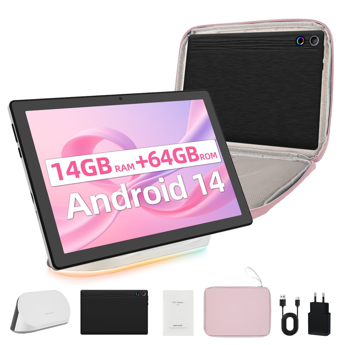 AEEZO 10-Inch Android 14 Tablet - Octa-Core, 14GB RAM + 64GB ROM (Up to 1TB), HD 1280x800, 5MP+8MP Cameras, Wi-Fi 6 BT 5.3, AI Cloud Album, Speaker Dock Charging Station & Pink Sleeve