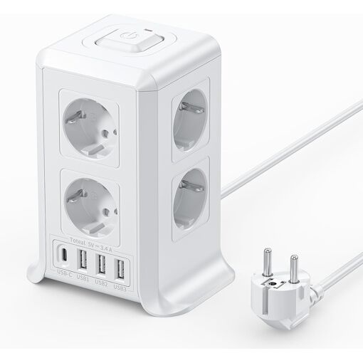 MAEC GROUPE CAHORS Surge Protector Power Strip Tower, 2m Adapter with 4 USB Ports and 8 Sockets