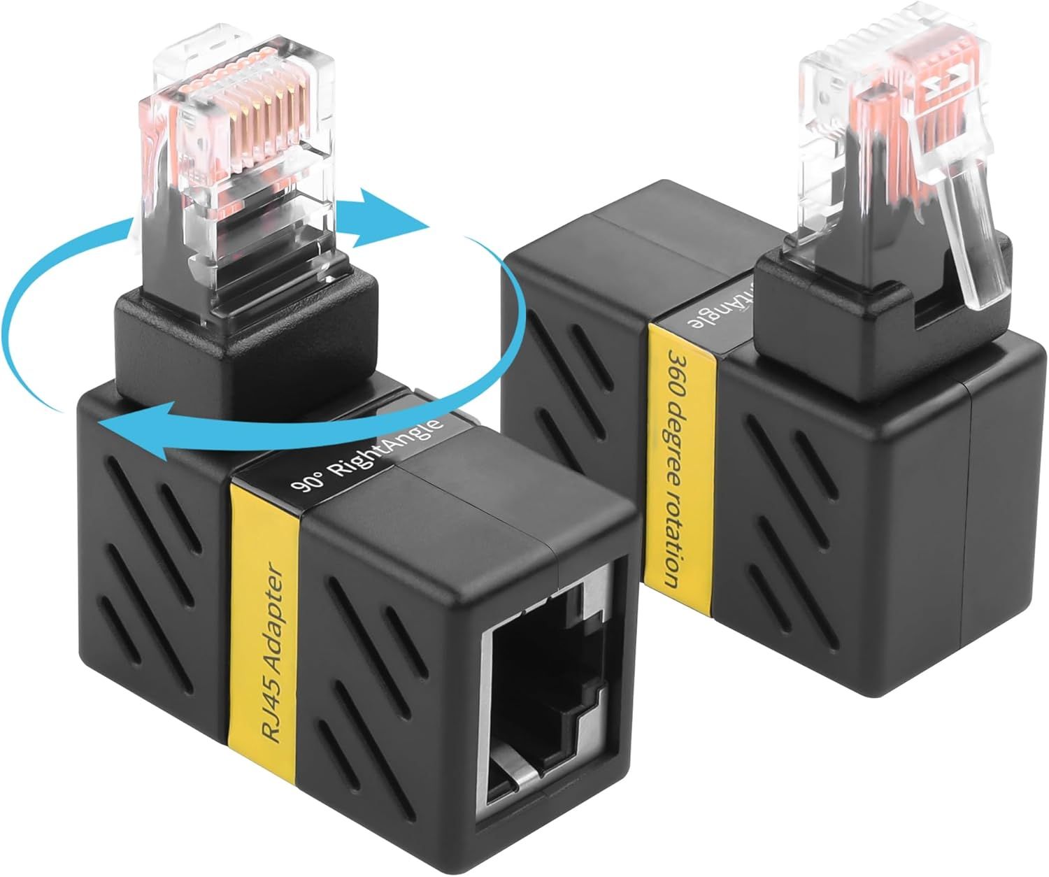 Adaptadores Ethernet giratorios YACSEJAO, juego de 2, con ángulo recto, conector RJ45 macho a hembra, adaptador de extensión de red de 360 grados, adaptador Gigabit