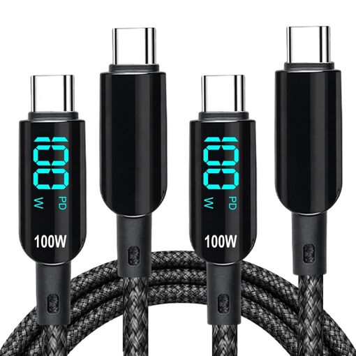 KALANKA Lot de 2 Câble USB-C vers USB-C, 1,2 m, 100 W, Recharge Rapide PD 20 V/5 A avec Affichage LED, Cordon Tressé en Nylon Type C pour iPhone 17 Pro Max/16/16 Pro Max/15, MacBook, Galaxy S25/S24, iPad et Autres
